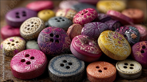 Vibrant assortment of colorful buttons on wooden surface