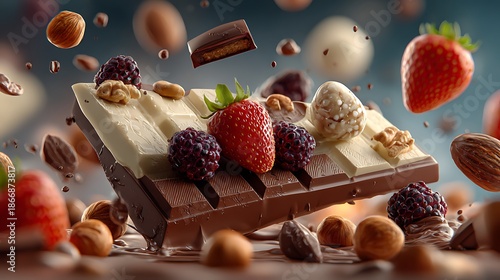 Delicious chocolate bar with strawberries and nuts flying around
