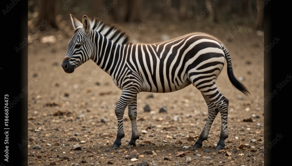 Fototapeta premium A young, striped zebra on the ground, illustrating the stages of animal development