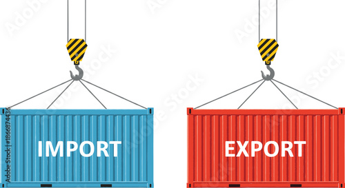Blue import and red export shipping cargo containers hanging from industrial crane hooks vector illustration for global trade logistics and transportation concept.