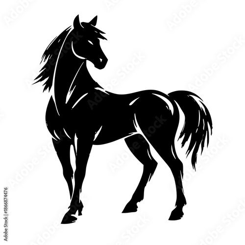 Black horse silhouette standing proudly looking to the side silhouette animal mammal equine stallion profile proud sideways flat icon illustration graphic design art style bold