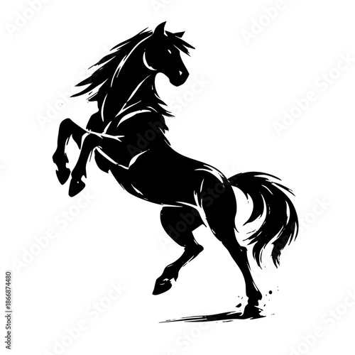 Black silhouette of a rearing horse silhouette animal mammal equine stallion strong powerful dynamic artistic illustration monochrome white background isolated galloping running motion energy behavior