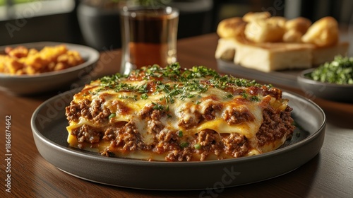 Hearty lasagna, topped with fresh herbs, served with sides