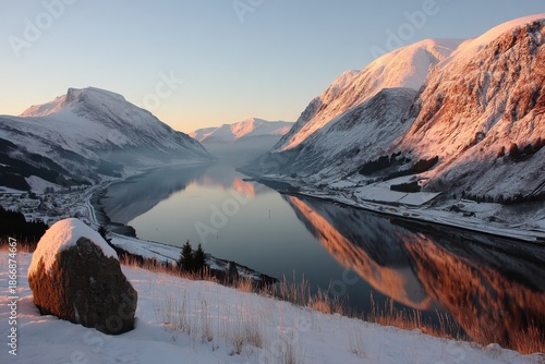 A serene winter landscape featuring snow-capped mountains reflecting in a calm lake during sunrise.