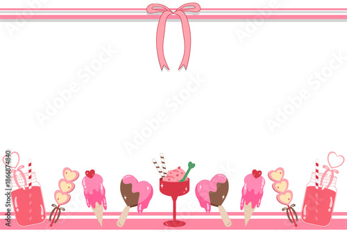 Cute Valentine Sweet Treats Border with Pink Ribbon and Heart-Shaped Ice Creams
