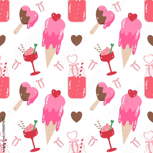 Valentine seamless pattern with pink ice cream cones, ice cream sundaes, and cute drinking glasses