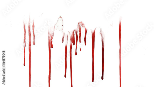 Illustration of red blood dripping down a white background, showcasing abstract art with splatters and stains, evoking themes of horror and violence.