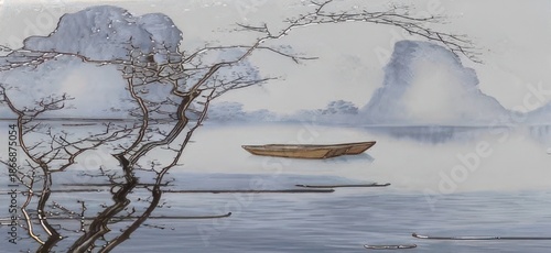 Serene lake scene with wooden boat and misty mountains