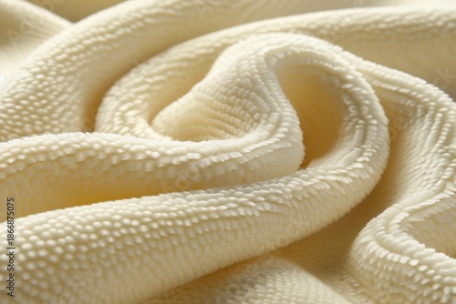A close-up of textured, creamy fabric showcasing intricate patterns and softness, inviting tactile experience.