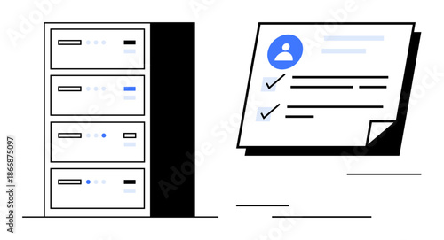 Data storage servers next to a checklist document with user profile icon and tasks. Ideal for technology, data management, cloud computing, tasks, security, organization, digital processes. Simple
