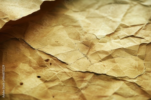 A close-up view of wrinkled, textured brown paper, showcasing its intricate folds and creases.