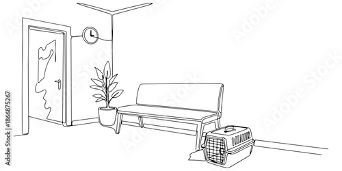 Continuous one line of a veterinary clinic waiting room, care environment, drawn vector illustration.