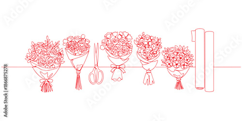 Continuous one line of a flower shop with bouquets, scissors, and wrapping paper, drawn vector illustration.