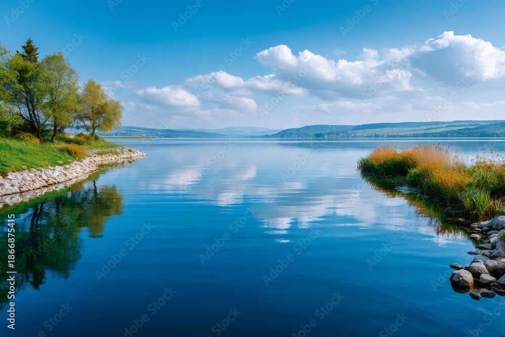 Fototapeta premium Serene lake water reflecting blue sky and clouds