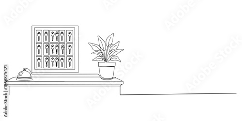 Continuous one line of a hotel receptionist with bell, key rack, hospitality theme, drawn vector illustration.