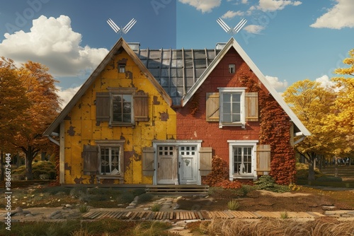 A unique two-sided house with contrasting colors: one side is yellow and weathered, while the other is red and covered in vines, set against a scenic sky.
