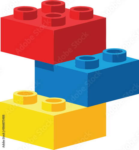 Colorful 3D toy building bricks stack with red blue and yellow plastic blocks isolated on white background for childhood education creativity construction and play concept design