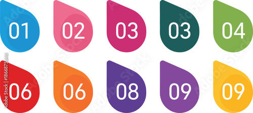 Colorful infographic number set from one to nine with teardrop shapes for step by step guides business process timelines and educational instructional presentation design projects