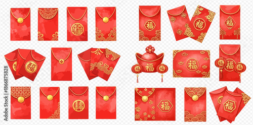 Set of red envelopes and gold ingots for Chinese New Year celebrations, symbolizing good fortune and prosperity.