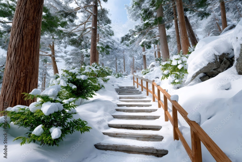 Fototapeta premium Wooden stairs winding up through snowy winter forest