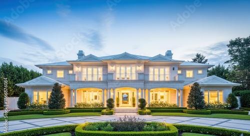 A grand mansion illuminated at sunset with a wellmanicured garden