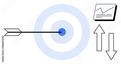 Arrow striking center of target, graph with rising trend, upwarddownward arrows. Ideal for success, precision, performance, goals, strategy analytics achievement. Simple flat metaphor