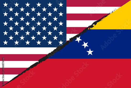 United States and Venezuela flags split by diagonal crack political conflict vector