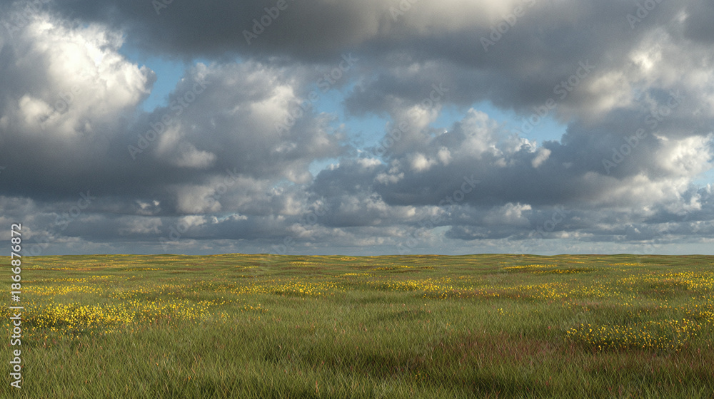 Obraz premium A vast, verdant meadow stretches under a dramatic, cloudy sky, evoking a sense of serenity and vastness