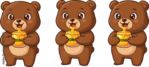Cartoon brown bears holding honey jars, cute animal illustration, happy bear characters, sweet honey dripping, white background, vector art