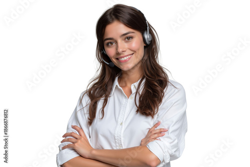 Portrait of a smiling female customer service representative with a headset and arms crossed, isolated on transparent background