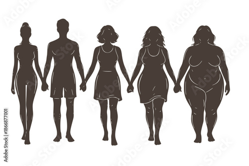 Personalized couple illustration silhouettes showing different body types, customizable figures holding hands, matching pairs with organic flowing lines, contemporary relationship diversity aesthetic 