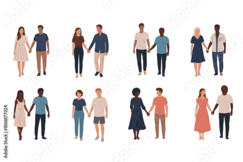 Personalized couple illustration silhouettes showing different body types, customizable figures holding hands, matching pairs with organic flowing lines, contemporary relationship diversity aesthetic 