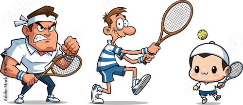 Cartoon tennis players with rackets playing match, including strong competitor, funny character, and cute child athlete enjoying sports game.
