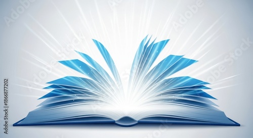 Open Book with Blue Pages Radiating Light Illustration