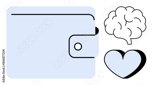 Financial planning, emotional well-being, psychology, budgeting, mindset, decision-making. Minimalist brain, heart and wallet design. Financial planning and emotional well-being concept