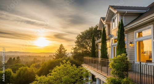 Sunset illuminates the sky behind a row of suburban homes surrounded by trees