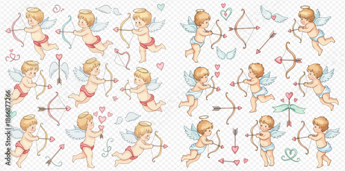 Set of cute Cupid characters with bows and arrows, perfect for Valentine's Day designs and romantic themes.