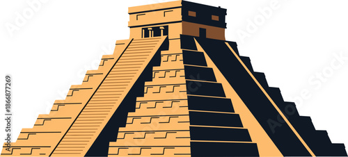Chichen Itza pyramid illustration featuring step terraces, temple of Kukulcán, Mayan architecture, Mexican heritage, and ancient archaeological landmark vector