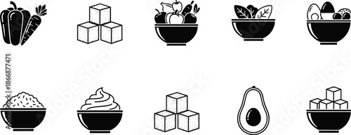 Healthy food icon set featuring organic vegetables fruit bowls sugar cubes avocado and yogurt silhouettes for nutrition diet cooking and restaurant menu design projects