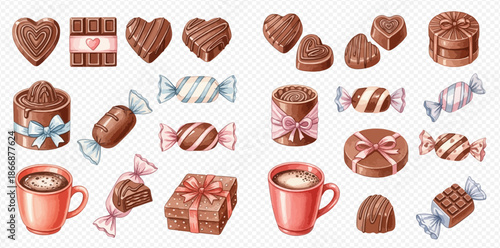 Watercolor collection of delicious chocolate candies, bars, and hot cocoa for sweet indulgence.