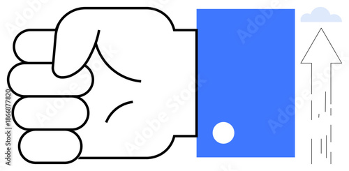 Business growth, success, motivation, progress, determination, upward momentum. A clenched fist with an arrow pointing upward and a cloud. Business growth and success concept