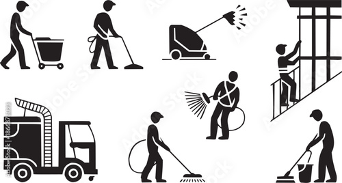 Cleaning labor icon set. Vector glyph pictograms of workers, cleaning machines, tools, sanitation symbol, hygiene service black silhouette