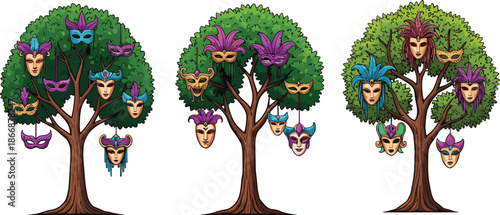 Creative illustration of carnival masquerade masks hanging on trees, festival celebration concept, colorful decorative vector artwork for party theme design