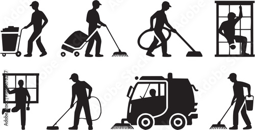 Street cleaning icon set. Vector glyph pictograms of workers, cleaning tools, vehicle, sanitation symbol, public service black silhouette