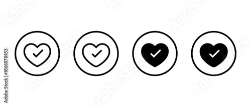 Good health, healthy icon set in circular outline. Heart with check mark symbol. Love with checkmark sign