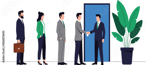 Professional business people standing in line for job interview recruitment process, businessman shaking hands with employer at office door entrance, vector illustration.