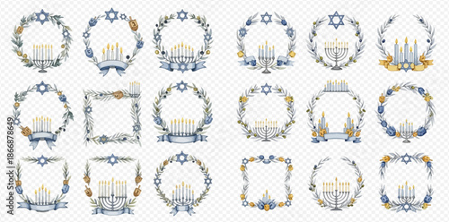 Set of Hanukkah frames and wreaths with menorahs, candles, and Star of David decorations.