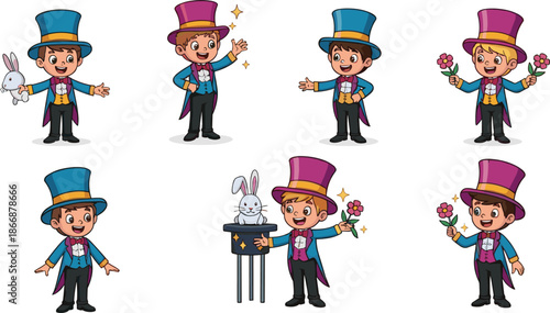 Cute cartoon magician boy performing magic tricks with hat, rabbit, flowers, and wand, colorful vector illustration for children entertainment design.