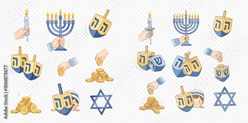 Hanukkah holiday symbols set with menorah, dreidels, candles, and gelt for Jewish celebration.