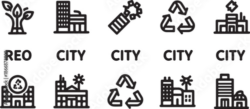 Eco friendly city icons with recycling and sustainable living concepts